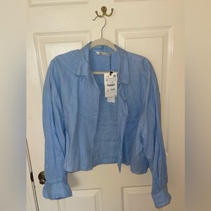 New Zara crop linen button down shirt